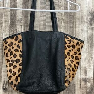 CLEOBELLA BLACK LEATHER TOTE /LEOPARD CALF HAIR